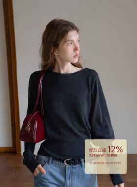 EGGKA法式圆领收腰毛针织衫女秋冬简约气质通勤长袖宽松显瘦上衣