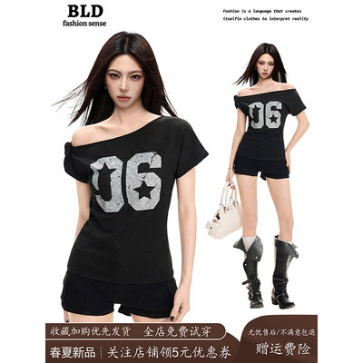 美式黑色斜肩露肩短袖T恤