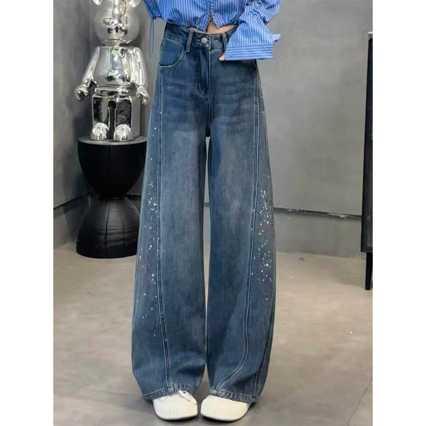 烫钻阔腿牛仔裤女2026春季新款大尺码高腰胖mm显瘦宽松设计感直筒