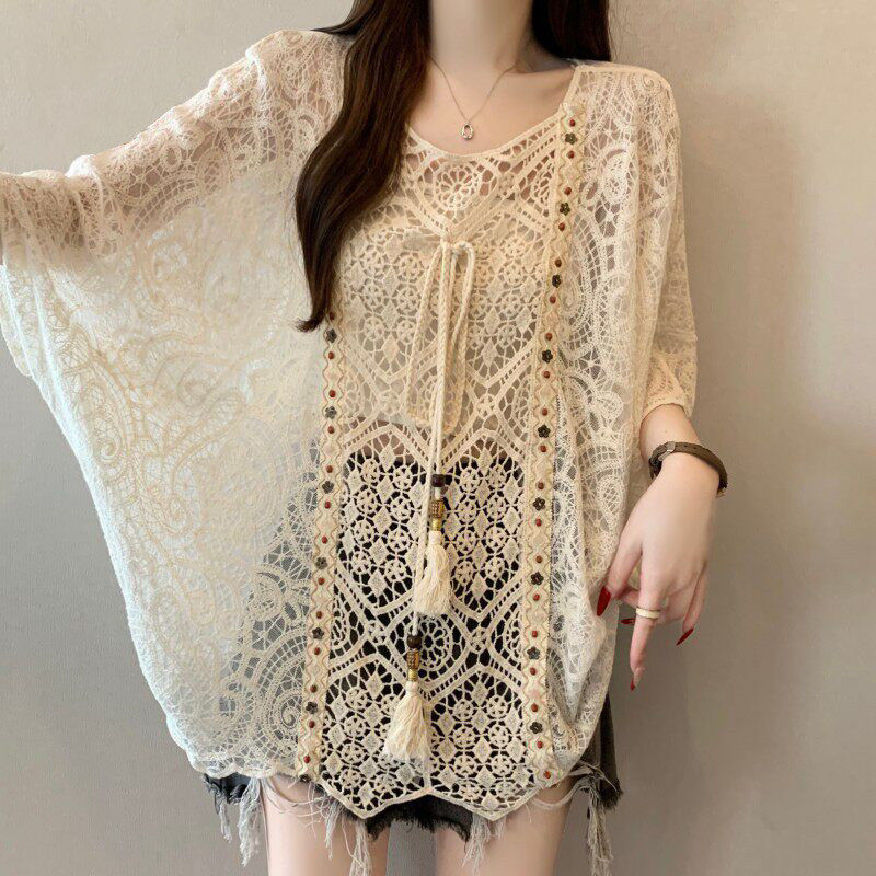 波西米亚风蝙蝠袖短袖蕾丝衫女2026新款夏季大码胖mm镂空罩衫上衣