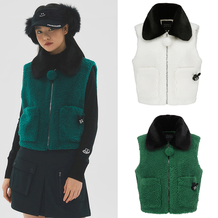 韩国代购PEARLY GATES高尔夫穿搭特价毛领羊羔绒保暖运动马甲女式