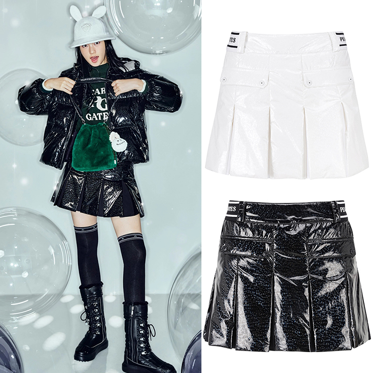 韩国代购PEARLY GATES高尔夫穿搭特价亮面夹棉户外百褶裙短裙女式