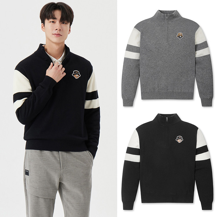 韩国代购GOLDEN BEAR高尔夫25冬条纹半开立领运动针织衫毛衣男式