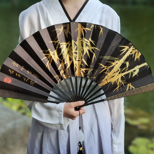 传统工艺手工绢布头青竹骨男扇