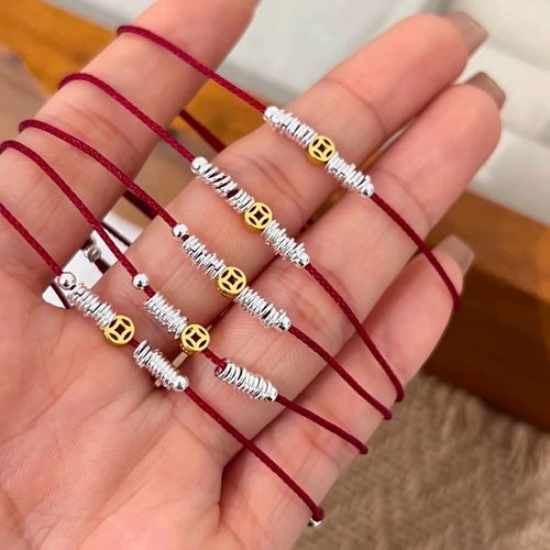S925纯银铜钱红绳手链
