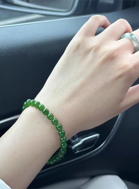 天然菠菜绿圆珠手串女和田碧玉