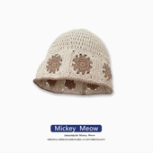 复古手工钩织小花小众设计针织包头盆帽女亚麻棉线手工针织渔夫帽