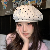 春秋冬圆点甜美可爱波点贝雷帽女四季 通用显脸小复古英伦风画家帽
