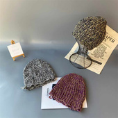 日系复古古着百搭杂色针织帽女秋冬个性 遮脸镂空花边毛线冷帽