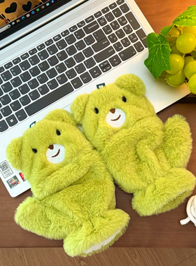 新款卡通绿色小熊毛绒手套女秋冬季保暖挂脖骑行加绒加厚半指翻盖