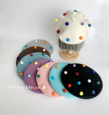 甜美小毛球羊毛毛呢贝雷帽画家帽