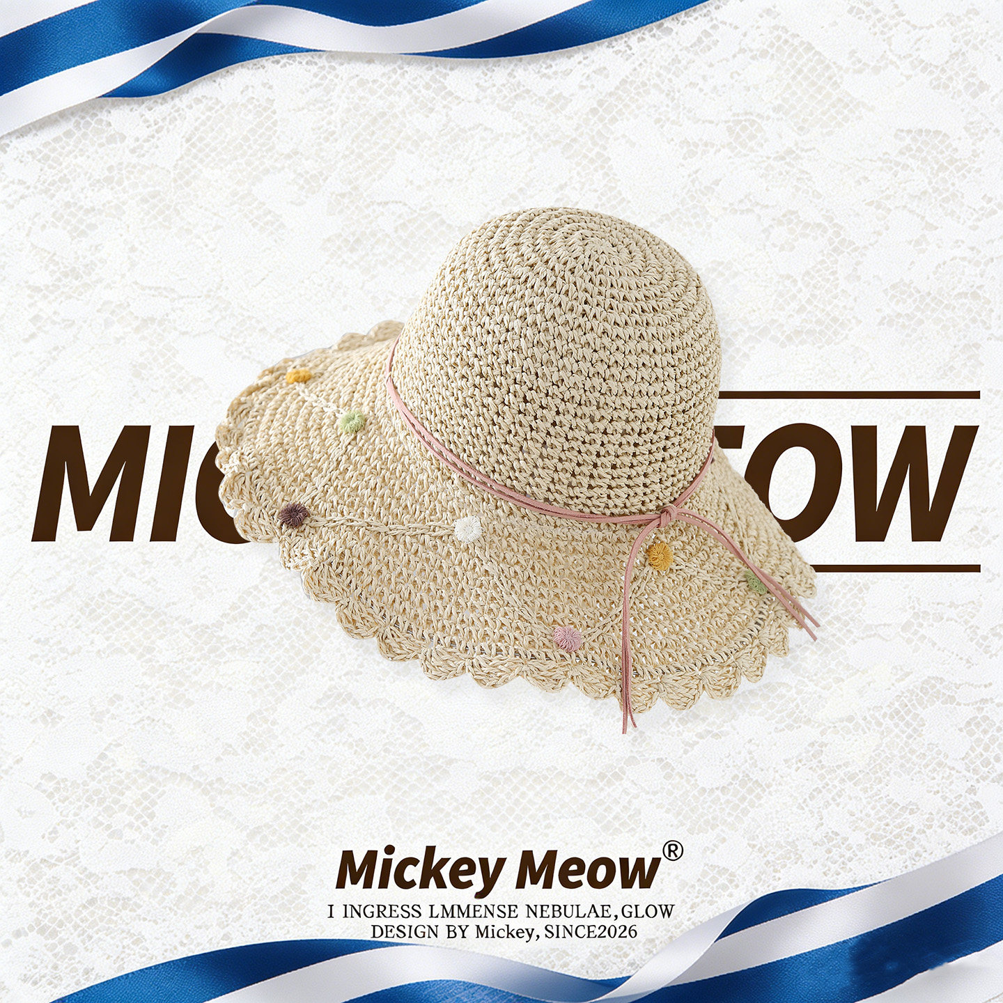 甜美可爱草编宽檐草帽男女春夏防晒遮阳沙滩帽旅行编织圆点织带