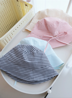 甜美绿色格子渔夫帽女韩版百搭显脸小盆帽大帽檐遮阳防晒水桶帽子