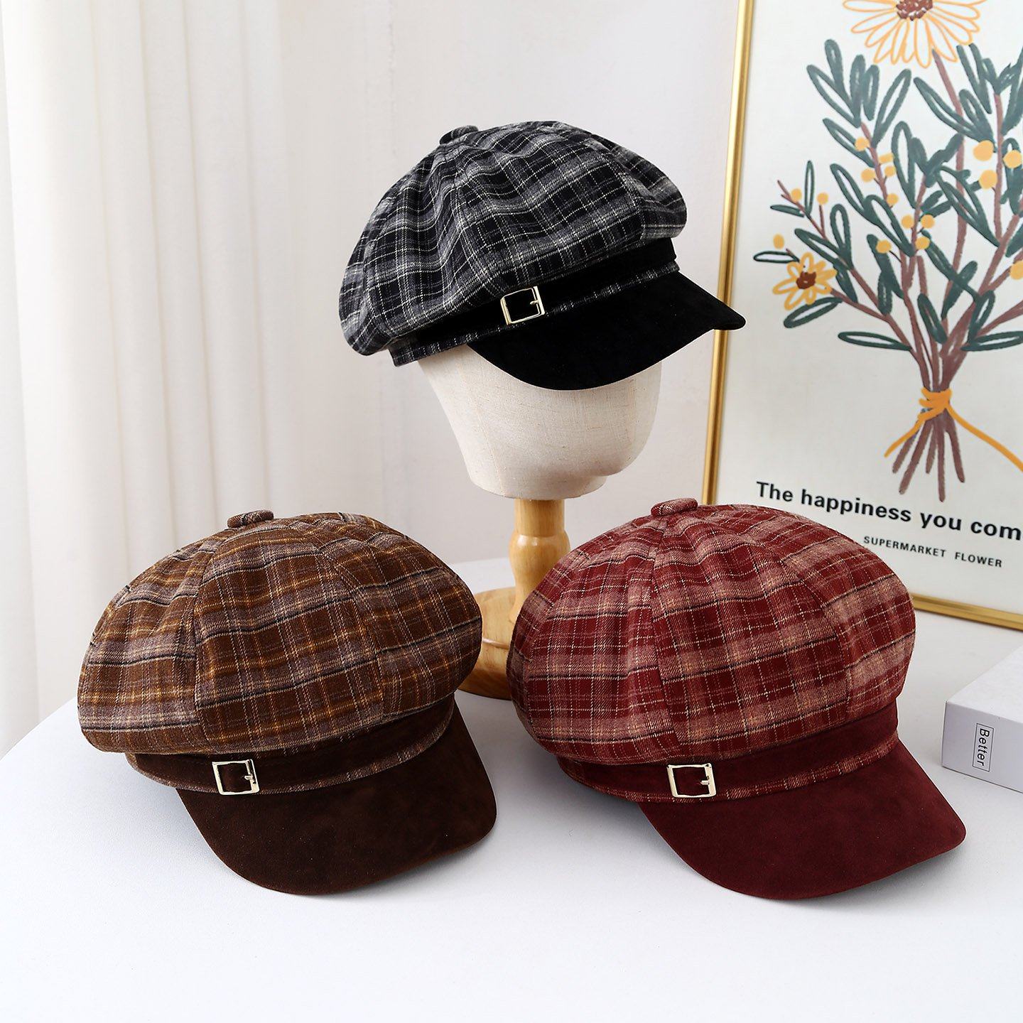 新款PU皮帽檐格纹八角帽子女秋冬季出游气质贝雷帽复古休闲报童帽,服饰配件/皮带/帽子/围巾,帽子,淘宝优惠券,粉丝福利购,淘宝优惠卷