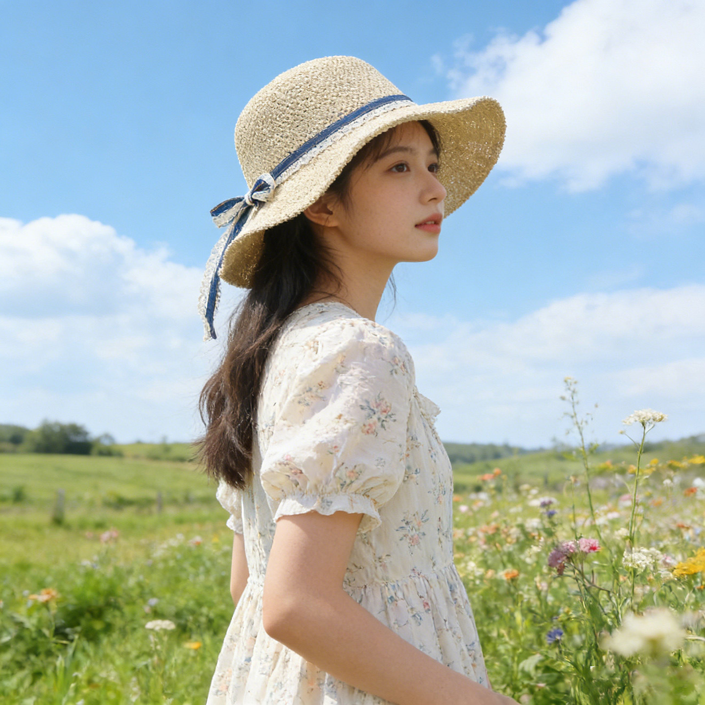 日系波浪边大檐渔夫帽女夏季透气遮阳针织帽时尚蝴蝶结飘带防晒帽