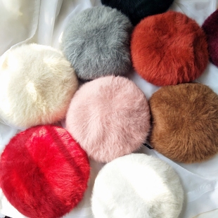 升级版加厚立体贝雷帽女貂绒帽可调节兔毛画家帽潮纯色毛绒蓓蕾帽