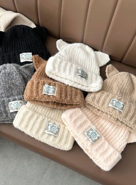 冬季绿色蝴蝶结耳朵女加厚加绒防寒保暖针织帽可爱时尚百搭毛线帽