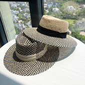 ins同款 新款 帽子女春夏韩版 草编绑带平顶草帽女百搭遮阳沙滩帽