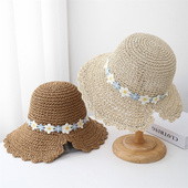 草帽手工钩针镂空草帽女夏日系可爱小雏菊花朵防晒太阳帽沙滩帽