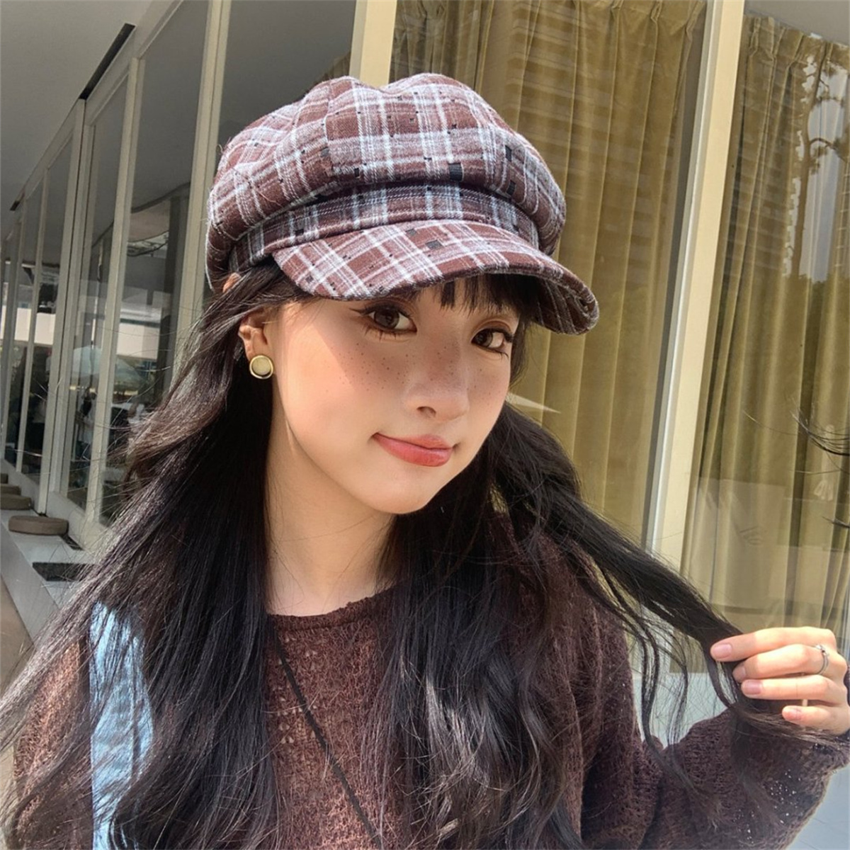 日系格纹八角帽大头围显脸小