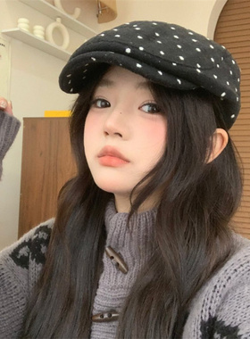 韩系ins小众设计感黑色波点前进帽女甜美时尚显脸小贝雷帽