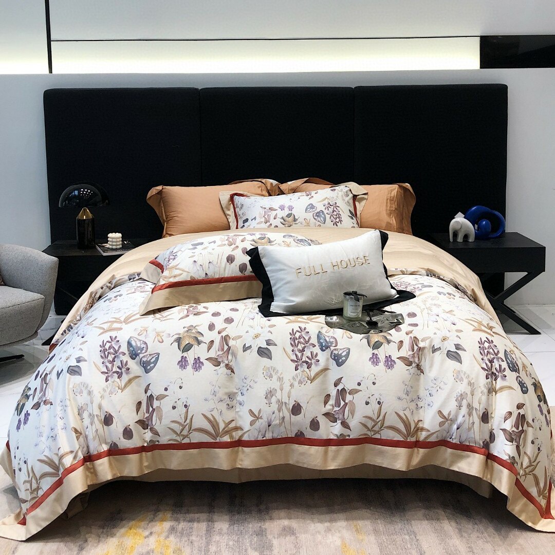 新品美式100支全棉纯棉四件套精致数码印花撞色拼角工艺时尚大气