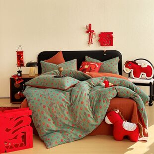 新款喜庆款纯棉双层纱四件套优质精梳棉纱线柔软舒适亲肤透气好用