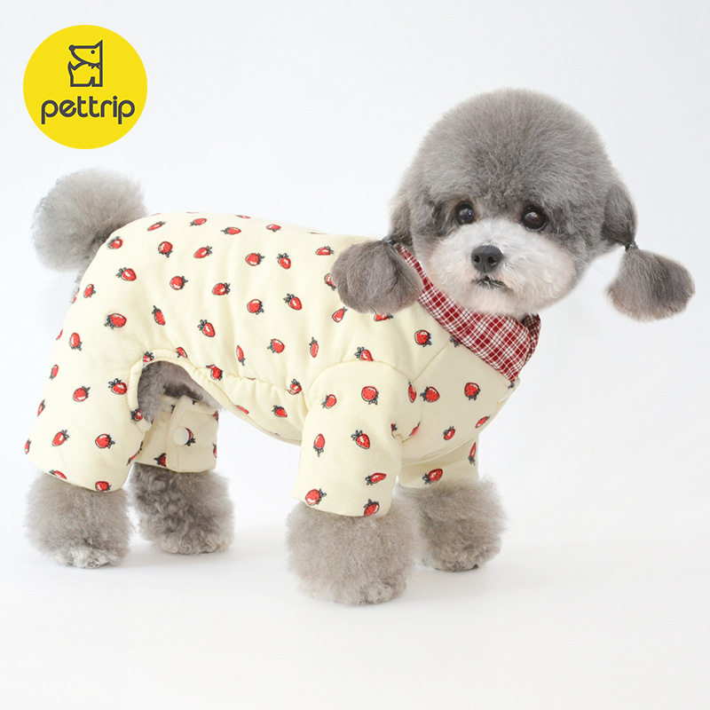 宠物棉衣冬装狗衣服夹棉保暖泰迪狗草莓印花四脚棉衣小型犬加厚软