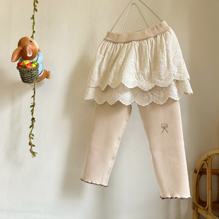 秋冬季女童保暖亲肤软糯一体绒假两件屁帘带裙打底裤小童加绒长裤