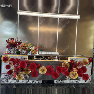 公司大厅美容院前台纸扇花艺马年装饰布置新春氛围大堂背景墙布置