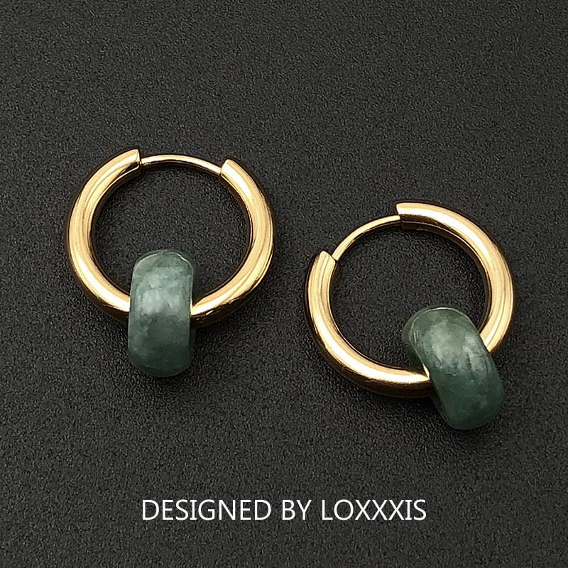 新中式暗绿玉石金色耳环