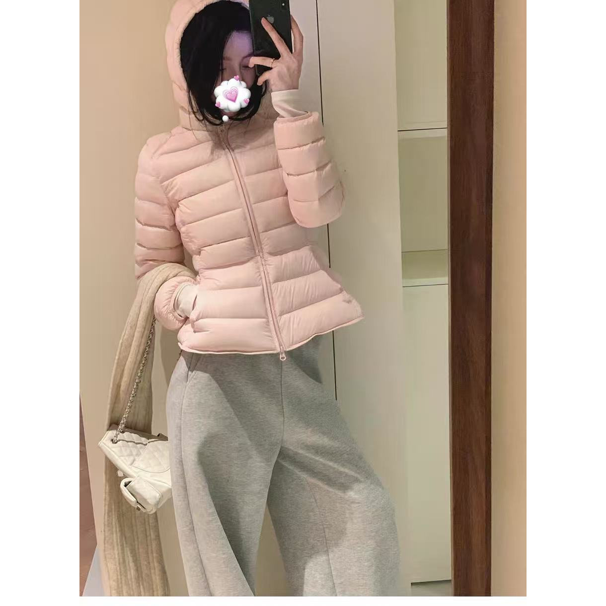 收腰羽绒服女2026秋冬新款小个子粉色连帽外套轻薄排骨小蛮腰外套