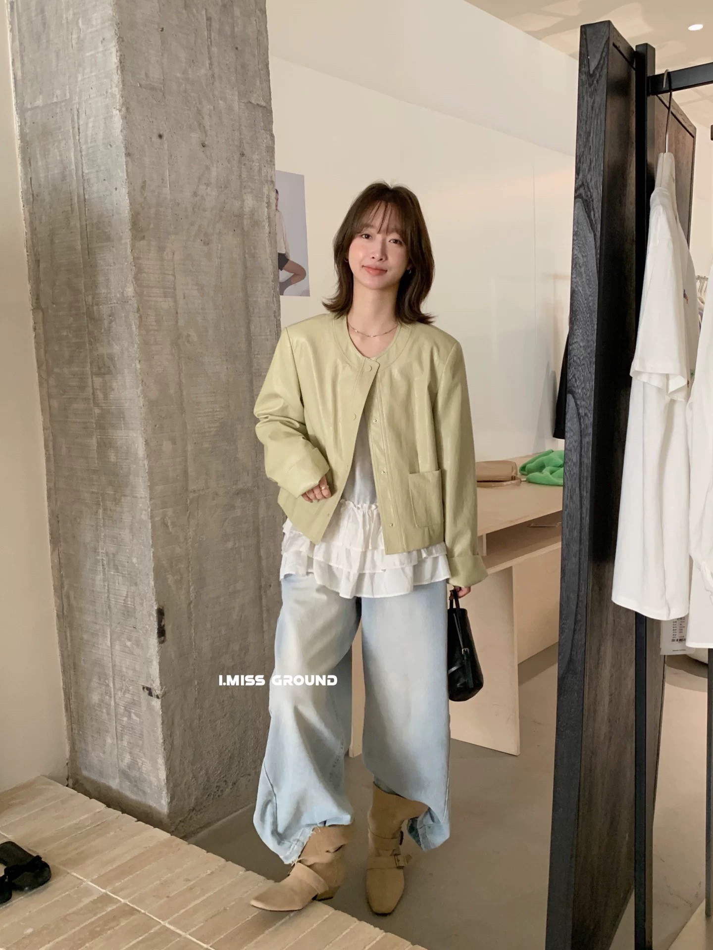 imiss 复古圆领机车皮衣2025年秋季女宽松百搭新款短款夹克外套