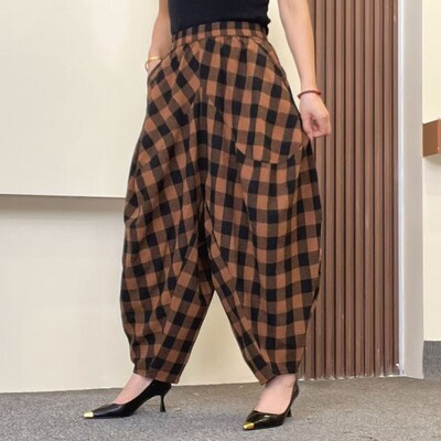 网红女裤原创新款秋季时尚宽松格子休闲大格哈伦灯笼裤百搭显裤子