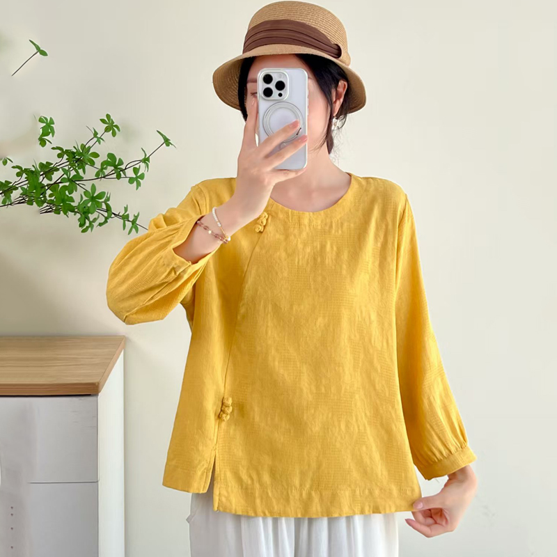 新中式棉麻T恤2025小衫