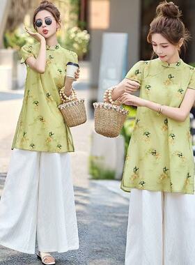 国潮风新中式复古女夏季新款宽松显瘦短袖长款T恤上衣改良旗袍衫