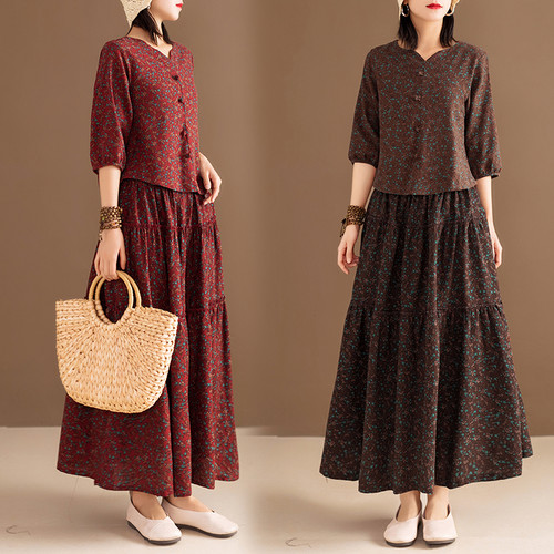 春夏新款文艺复古棉麻碎花女士上衣裙子两件套显瘦遮肚子宽松套装