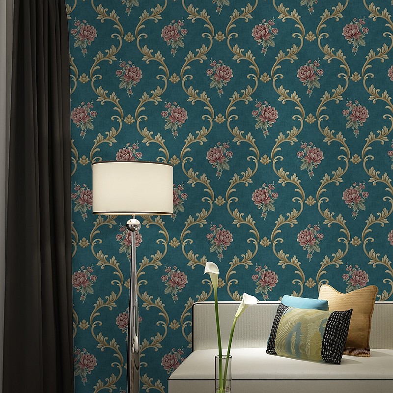 深蓝色3D欧式田园大花墙纸 卧室客厅婚房美容院 温馨奢华浮雕壁纸