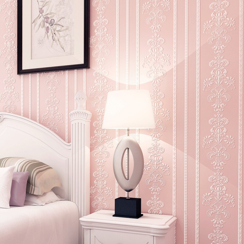 浅粉色3d欧式自粘墙纸 卧室客厅服装酒店餐厅宿舍 简约竖条纹壁纸