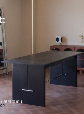 挑时|新品实木餐桌长方形黑胡桃复古书桌黑色包豪斯洽谈桌餐厅桌