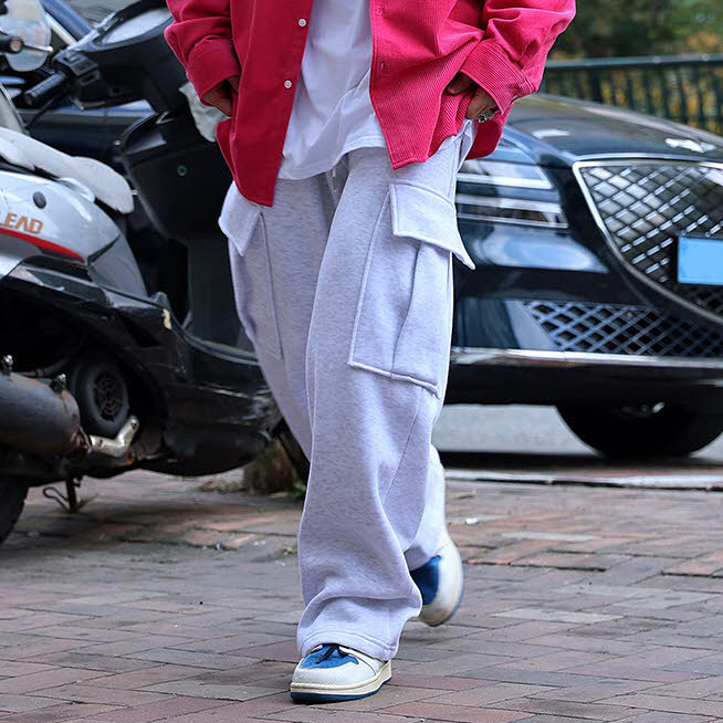 韩国潮牌运动长裤男士大口袋加绒保暖宽松时尚直筒休闲跨裤老爹裤