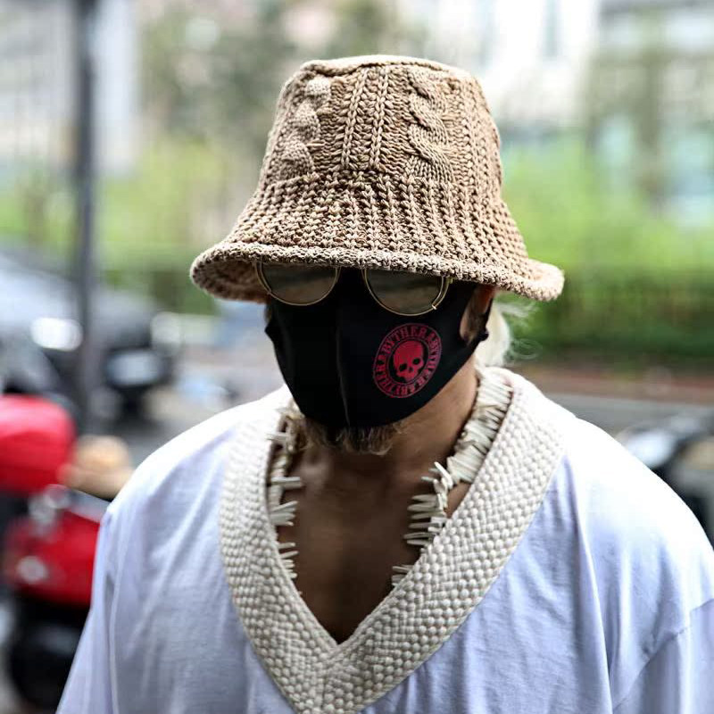 韩国潮牌帽子男韩版街头防晒平顶宽檐纯色麻花图案时尚休闲渔夫帽