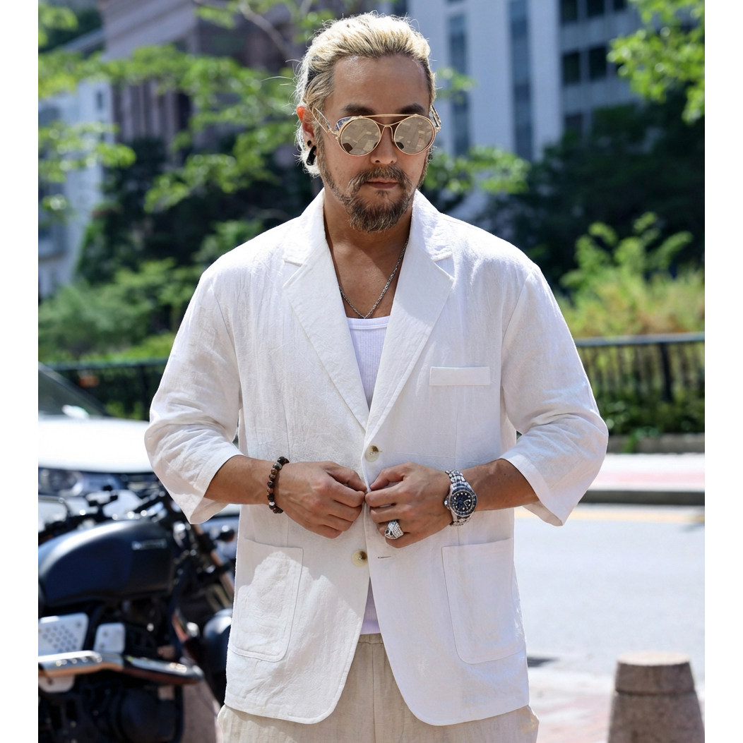 韩国潮薄款棉麻褶皱便西外套春夏宽松单排扣休闲五分袖西装西服男