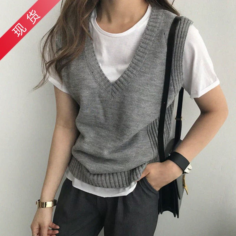 韩国潮牌秋季毛衣打底衫 男女基础款纯色开叉复古V领针织马甲背心