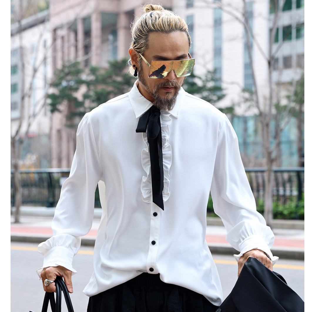 韩国荷叶边长袖衬衫韩版夏季潮牌薄款男女款时尚休闲宽松白色衬衣