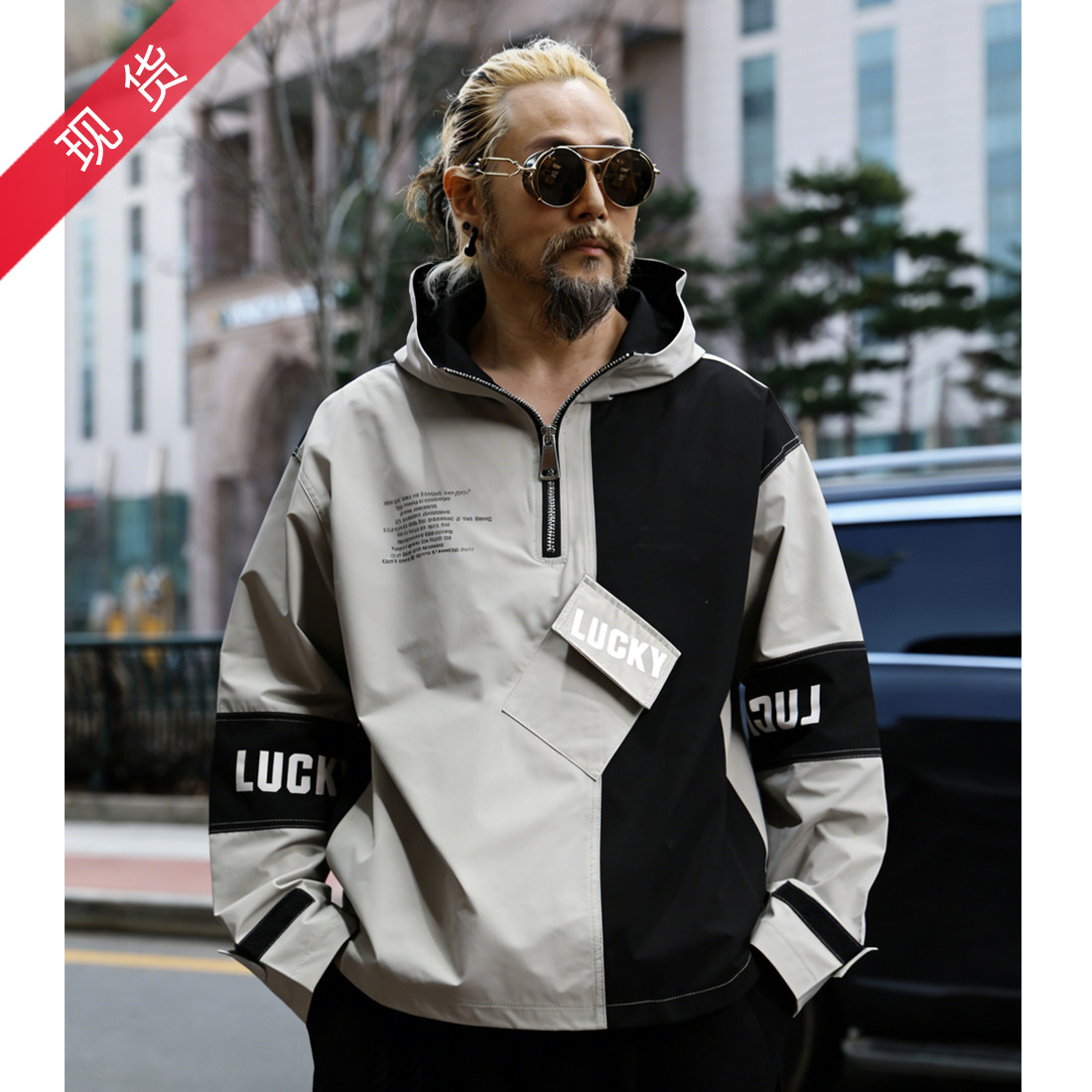 韩国潮牌春季冲锋衣字母拼色宽松薄款运动连帽衫百搭款休闲卫衣男
