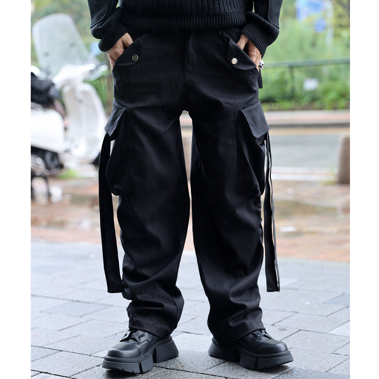韩国潮牌秋冬工装裤韩风男士松紧腰多口袋吊带裤街头时尚休闲裤子