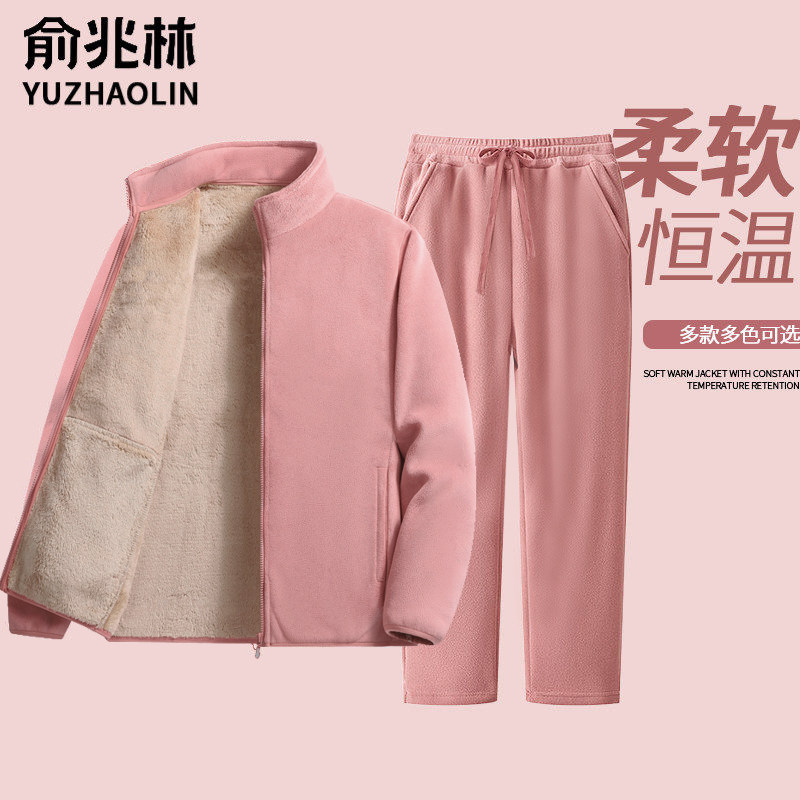 奥利绒加绒卫衣套装女冬季保暖加厚抓绒衣外套仿羊羔绒运动两件套