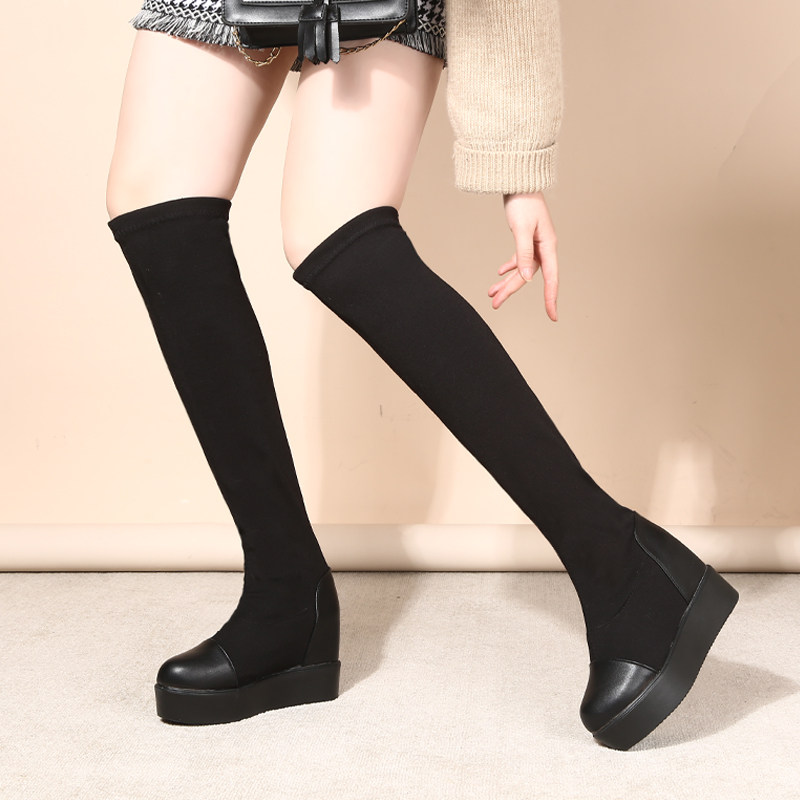 2024 SOCK BOOTS SPRING AND AUTUMN OVER-THE-KNEE BOOTS SINGLE SHOES SLIMMING ELASTIC INNER HEIGHTENED BOOTS WOMENS VELVET FLAT HEEL KOREAN VERSION OF THE LONG TUBE