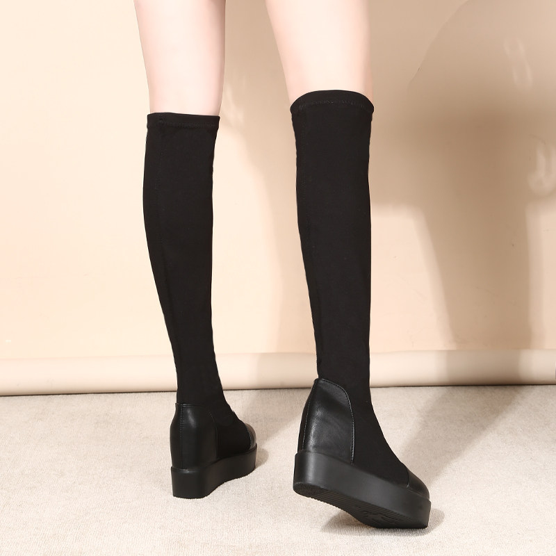 2024 SOCK BOOTS SPRING AND AUTUMN OVER-THE-KNEE BOOTS SINGLE SHOES SLIMMING ELASTIC INNER HEIGHTENED BOOTS WOMENS VELVET FLAT HEEL KOREAN VERSION OF THE LONG TUBE